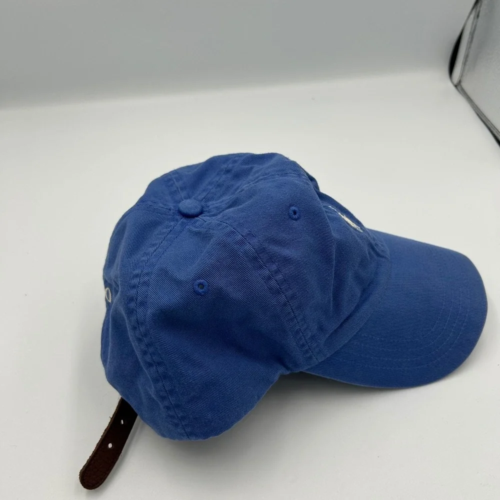 Polo Ralph Lauren Hat Mens OS Blue Leather Strapback Pony Logo Baseball Cap